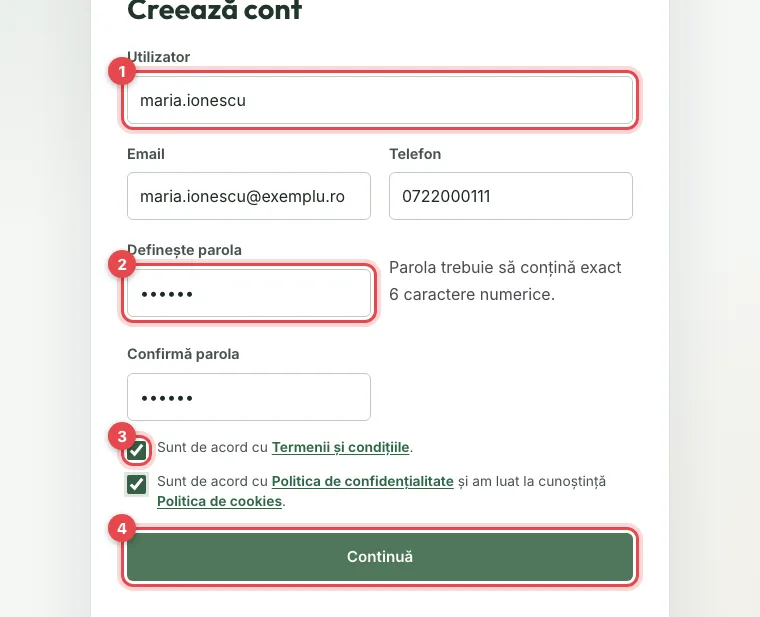 Formularul Creează cont completat