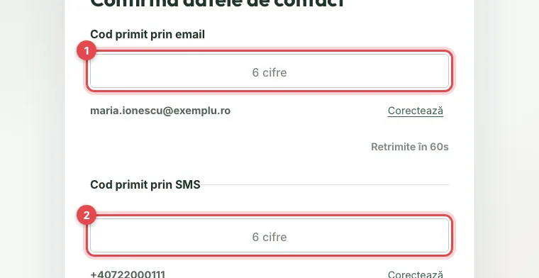 Confirmarea codurilor primite prin email și SMS