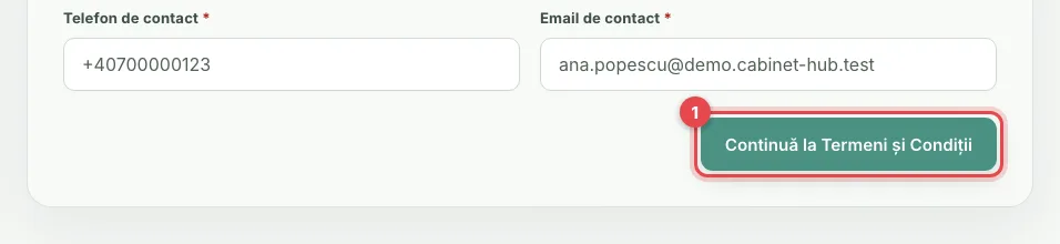 Butonul Continuă la Termeni și Condiții