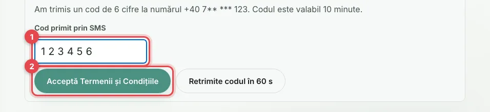 Introducerea codului primit prin SMS